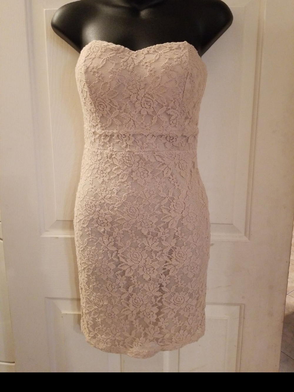 Strapless Lace Sheath Dress in Cream